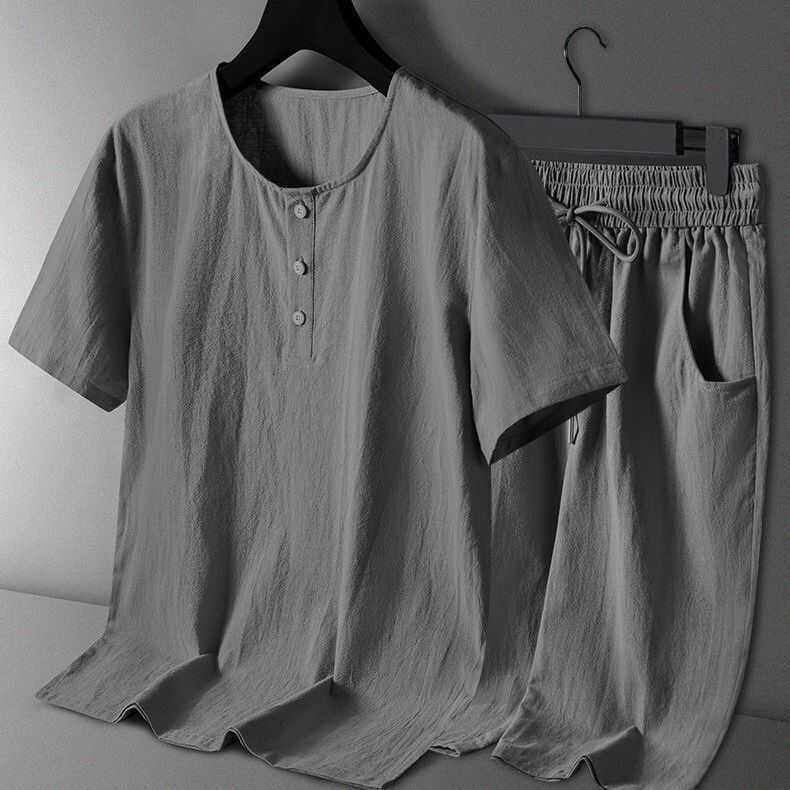 男夏季套装唐装中老年人夏装男装中国风棉麻短袖短裤汉服复古装