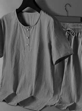 男夏季套装唐装中老年人夏装男装中国风棉麻短袖短裤汉服复古装