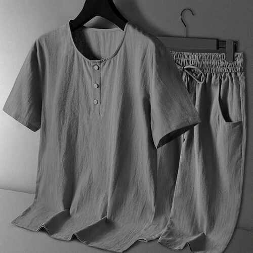 男夏季套装唐装中老年人夏装男装中国风棉麻短袖短裤汉服复古装
