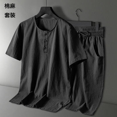 唐装男套装中国风短袖棉麻大码汉服休闲复古装茶服中式民族服装