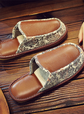 欧式绣花真皮棉拖鞋冬季居家用地板静音不臭脚防滑加厚软底拖鞋男