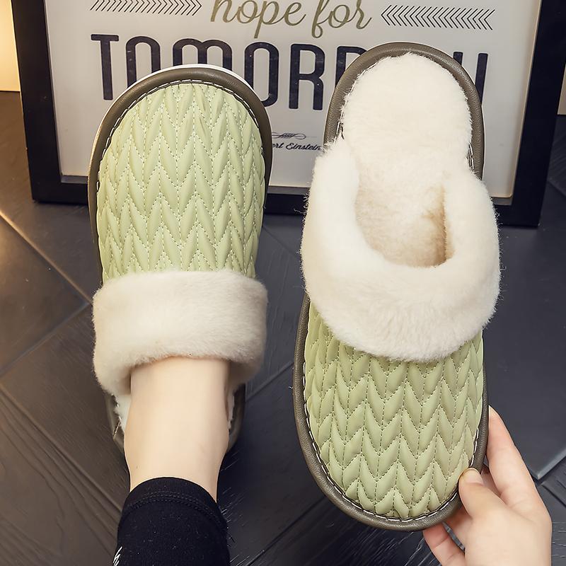 居家秋冬季室内保暖男女情侣加厚毛毛绒皮面防水防滑月子棉拖鞋女