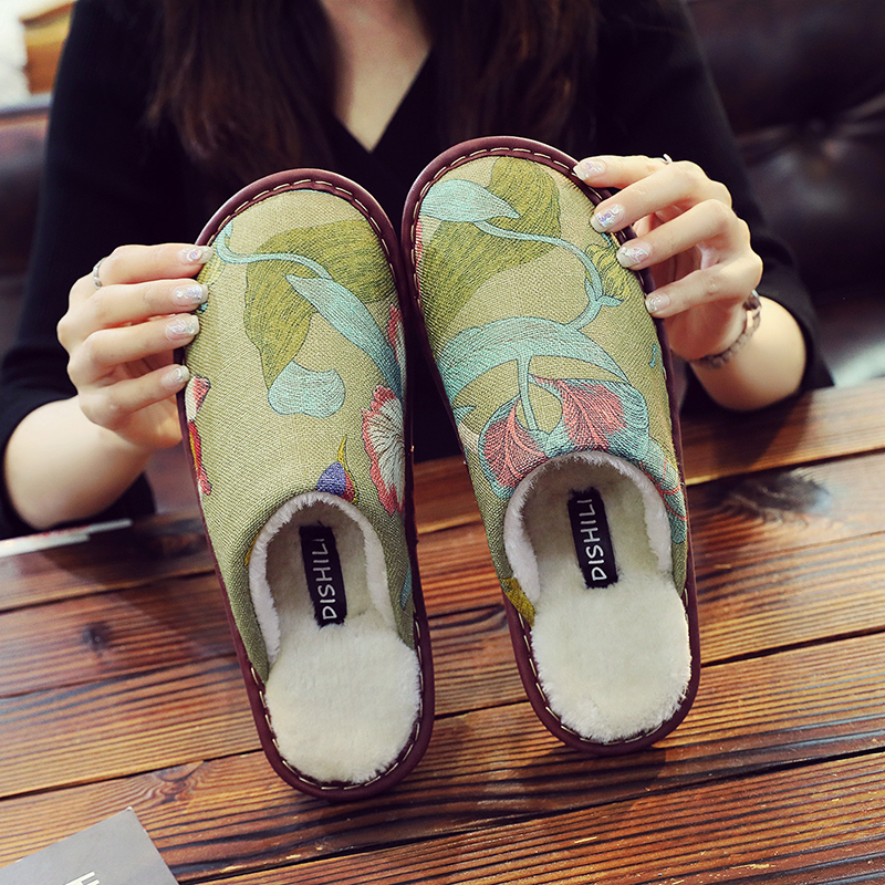 民族冬季家用布艺棉麻拖鞋男女居家室内防滑牛筋底软底家居保暖拖
