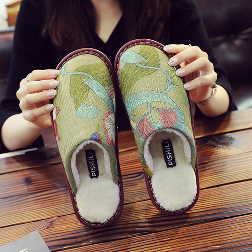 民族冬季家用布艺棉麻拖鞋男女居家室内防滑牛筋底软底家居保暖拖