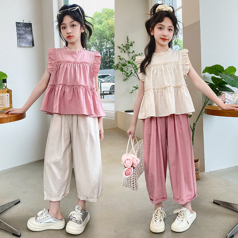 女童2025夏季新款甜美飞袖棉麻两件套装中大童娃娃衫休闲裤九分