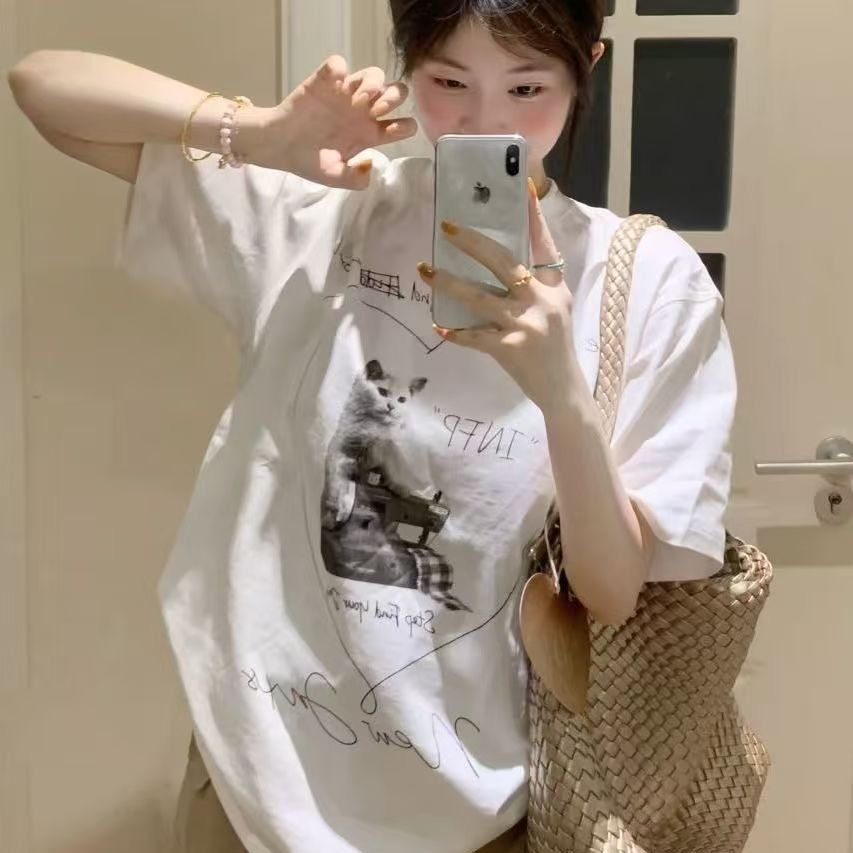 100%纯棉甜美可爱学院风印花白色短袖t恤女夏学生宽松慵懒风上衣