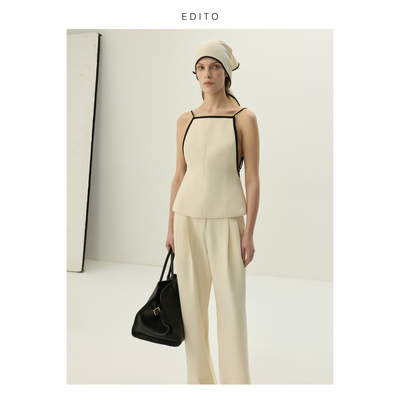 EDITO米黄色亚麻纹黑边露背吊带