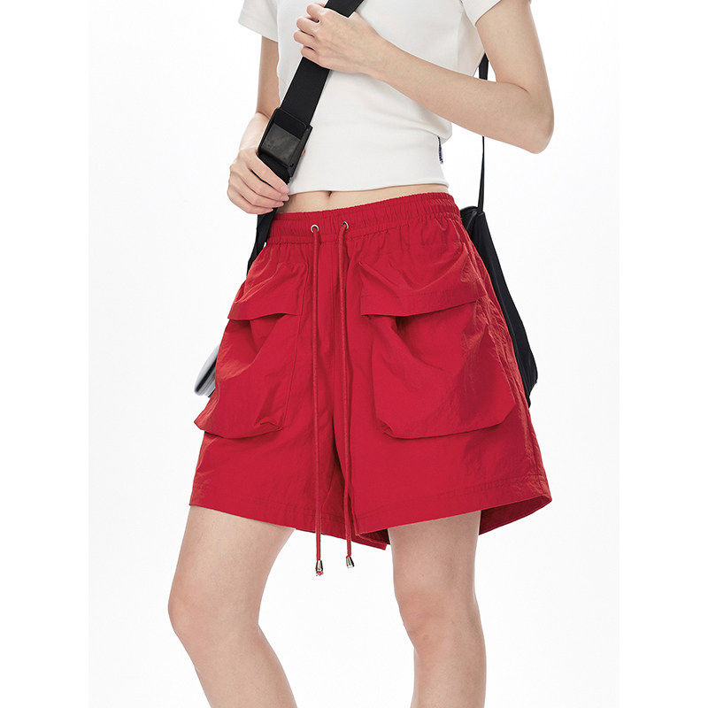 红色工装短裤夏季男女外穿宽松显瘦高腰美式休闲五分休闲运动裤子