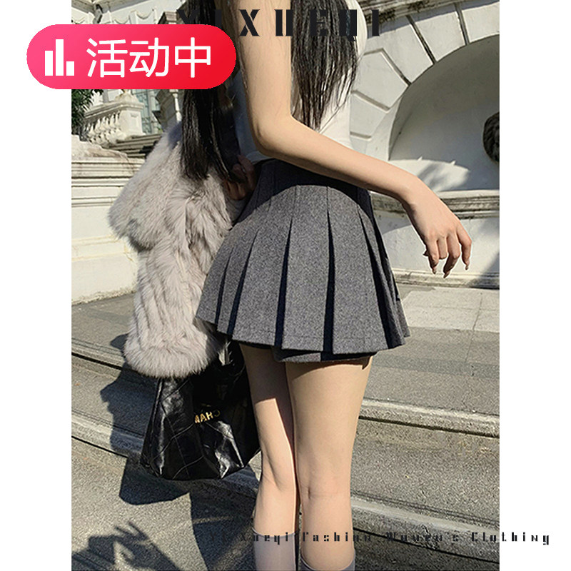YIXQ韩漫立体定位百褶裙女冬高腰毛呢半身裙显瘦百搭短裙裤韩系风