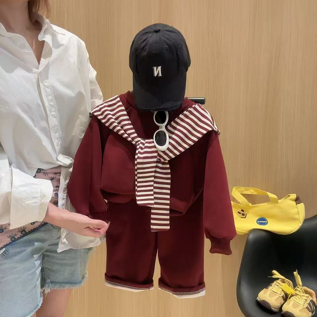 儿童春秋季新款男女童卫衣套装中大童百搭韩版时髦条纹披肩两件套