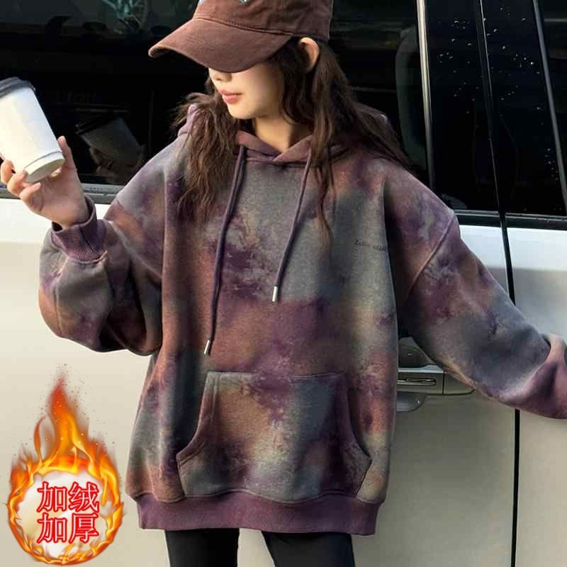 女童韩版卫衣秋冬装新款2025儿童加厚衣服洋气连帽加绒扎染上衣潮