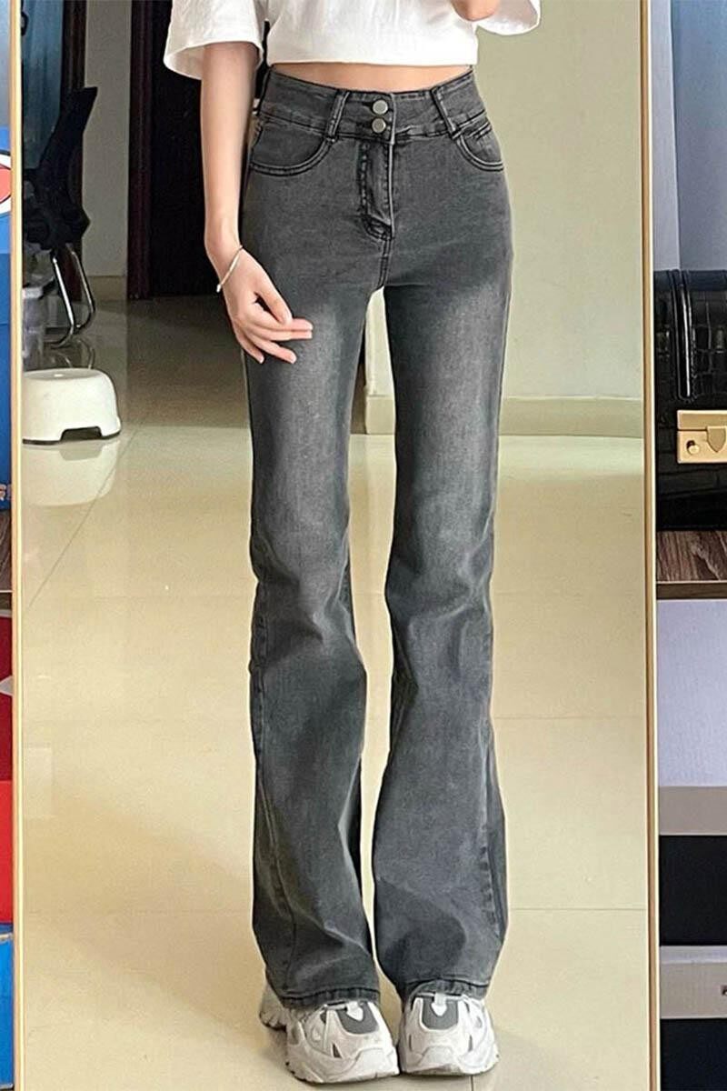 烟灰色高腰微喇牛仔裤大码女胖mm梨型身材今年流行爆款显瘦裤子女