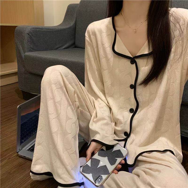 睡衣女春秋款长袖薄款ins风翻领对襟波浪边学生高级感家居服套装