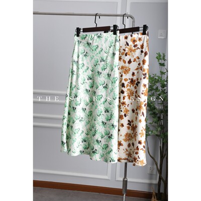 度假风清新印花醋酸丝滑缎面中长款半身裙气质优雅气质a字鱼尾裙