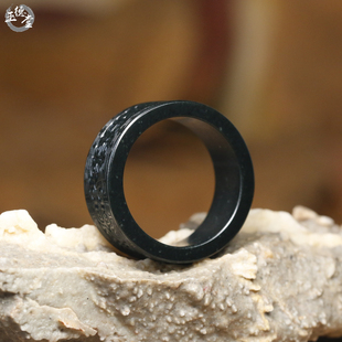 玉德堂天然黑青玉回纹云纹宽版戒指玉石指环手玩件扳指