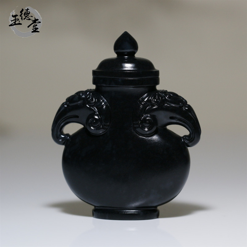 玉德堂天然玉石新疆和田玉墨玉籽料苏工双兽耳鼻烟壶手把件摆件