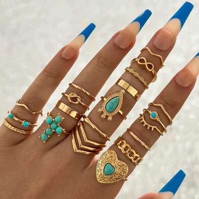 Retro imitation turquoise national wind fold ring 20 sets 女