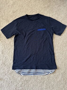 复古条纹拼接假两件正肩短袖T恤 海军蓝色宽松休闲百搭上衣 女款