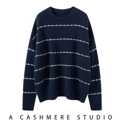 100纯山羊绒衫女款圆领条