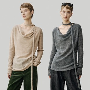 开间/蓬松轻盈松弛卷边堆领羊绒衫女毛衣小腊肠飘带荡领针织上衣