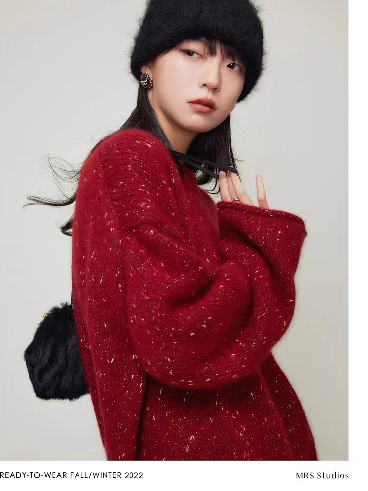 鄂尔多斯市100%纯山羊绒衫女圆领花纱金豆豆毛衣宽松加厚针织打底