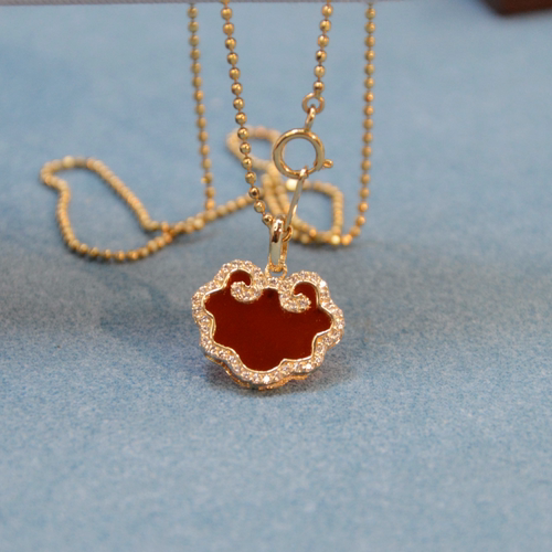 韩国黄金14k金吊坠女网红新款镶嵌红玛瑙如意K黄金胸坠毛衣坠