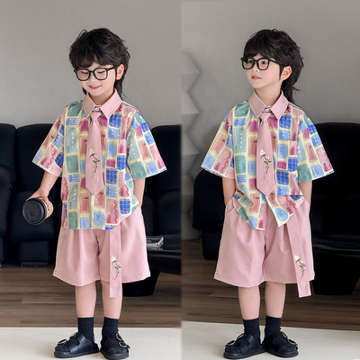 夏季新款男童韩版花衬衫套装帅气时髦多巴胺男宝宝炸街走秀潮服酷