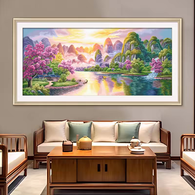 ks十字绣2024年新款客厅挂画大气自己绣手工刺绣秀美河山风景大画