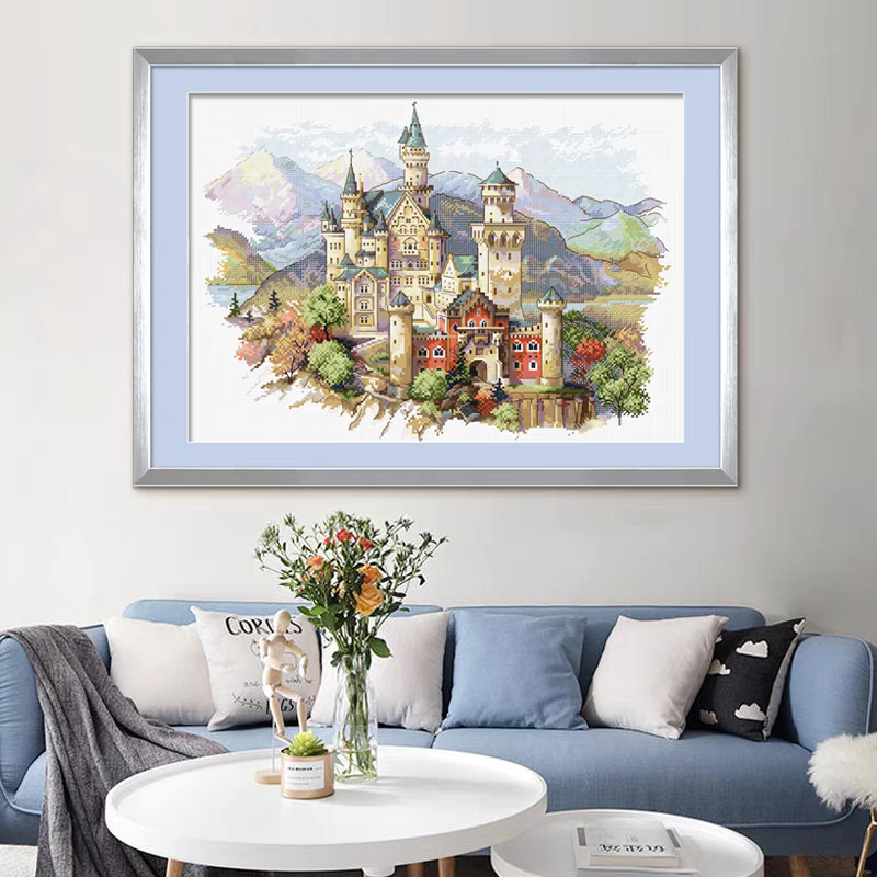 ks十字绣天鹅城堡客厅卧室挂画小件自己绣手工棉线套件清新印花