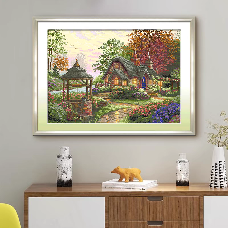 KS印花绣线十字绣无框原野小屋郊外小屋凉亭鲜花小路41色82x64