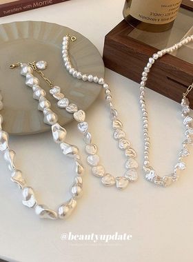 韩国个性潮流不规则珍珠爱心吊坠项链时尚设计感锁骨链气质项饰女