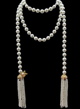 花阁原创优雅项链扣中古腰链毛衣链气质Vintage珍珠蜜蜂珍珠流苏