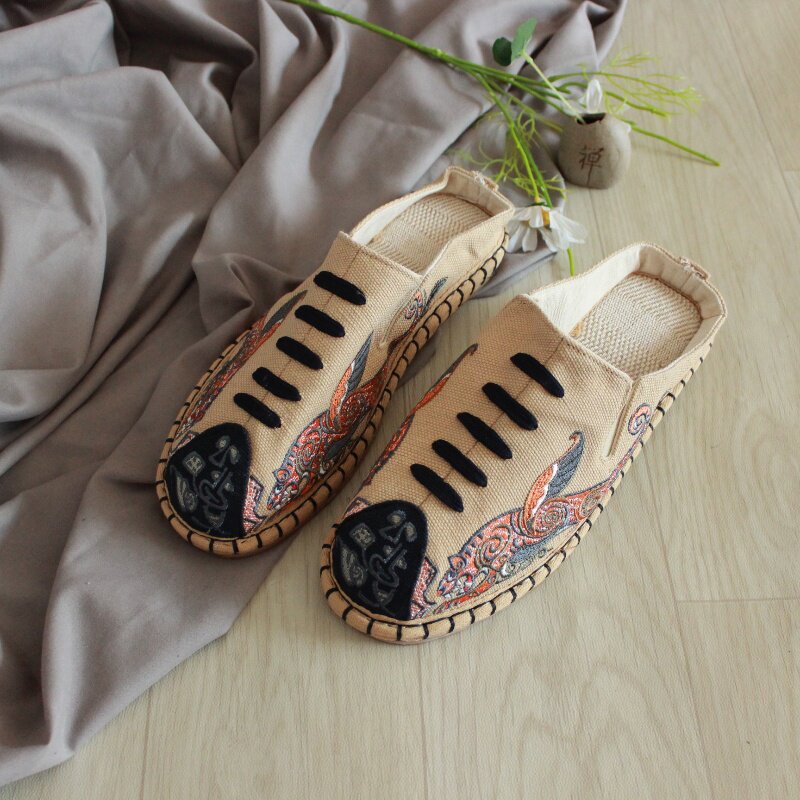 云南外穿包头麻鞋民族风手工男士帆布拖鞋千层底2024刺绣透气拖鞋