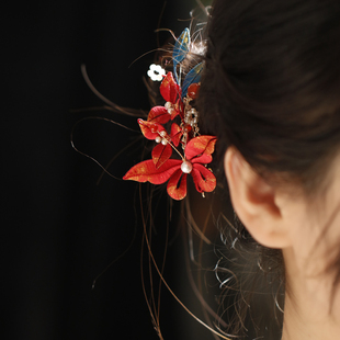 新中式红色蝶恋花发夹新娘头饰高级感非遗缠花发饰蝴蝶旗袍配饰夹