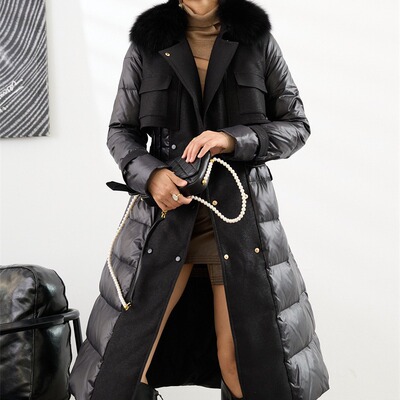 小个子狐狸毛领羽绒服女中长款加厚工装时尚90白鸭绒羽绒风衣外套