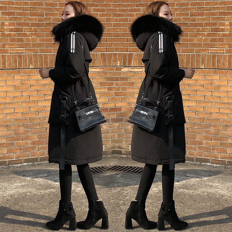 羽绒服女2024新款中长款韩版过膝时尚修身冬季大毛领黑色派克外套