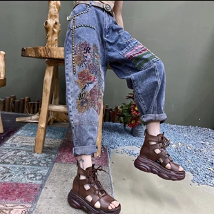 2024新款重工镶钉珠装饰显瘦哈伦裤刺绣烫钻设计水洗阔腿牛仔裤