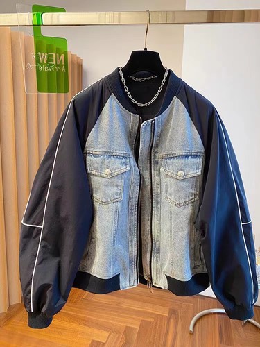 韩系棒球服夹克上衣女设计感小众宽松立领明线牛仔拼接外套女上衣