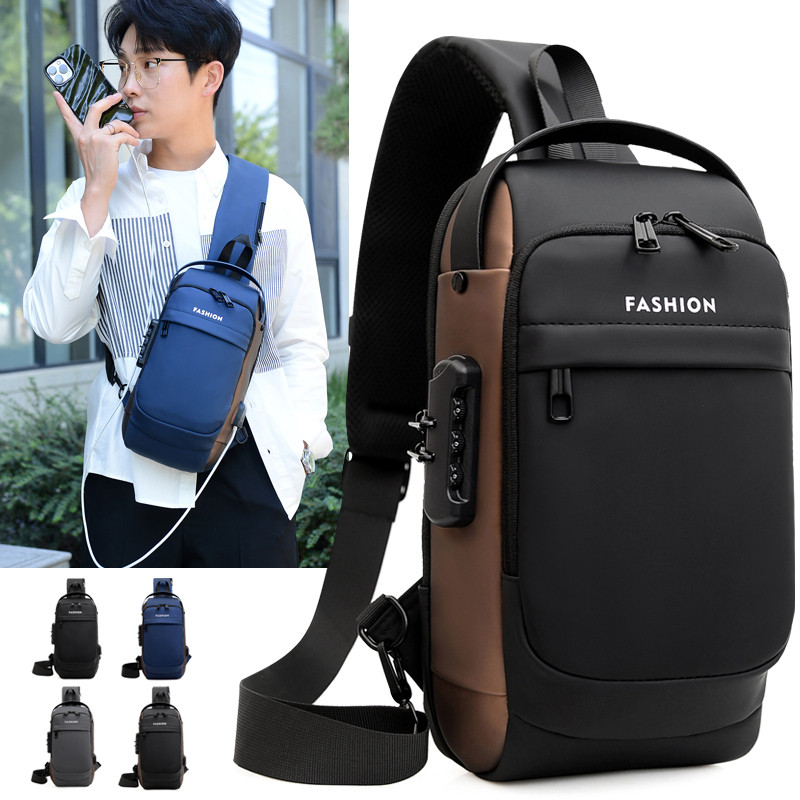 密码锁男包多功能胸包防盗休闲运动小背包单肩斜挎包小众机车包潮