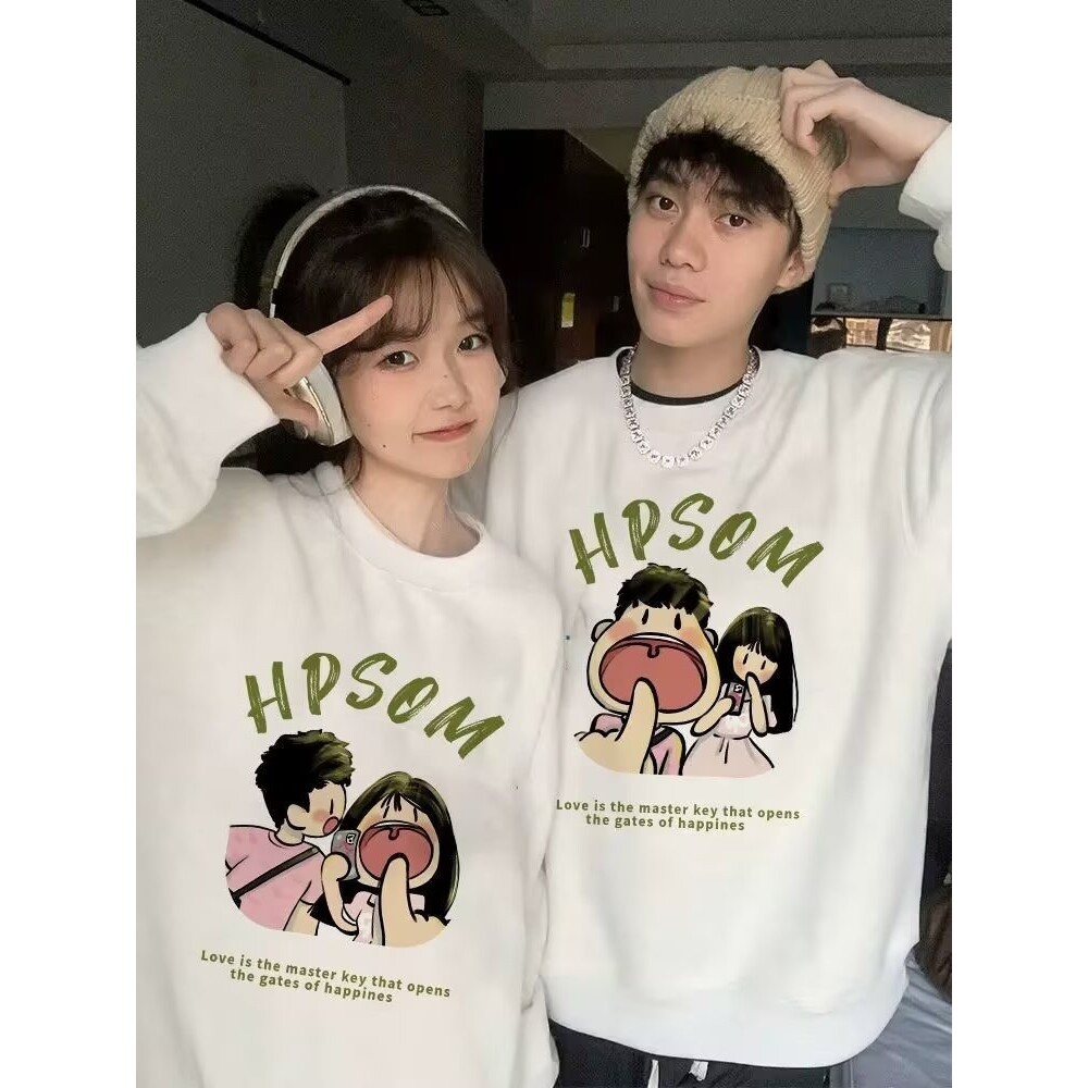 情侣卫衣秋冬季圆领印花男女打底衫宽松时尚韩版运动休闲加绒上衣