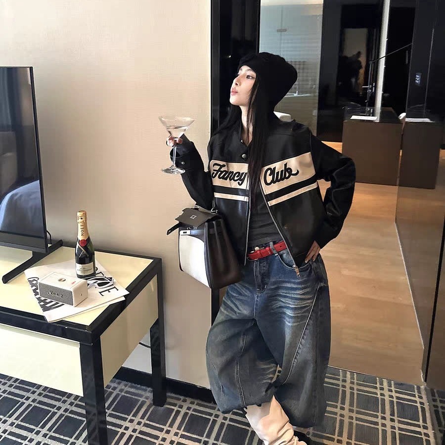 美式复古摩托车骑行服甜酷基因机车PU服皮衣赛车服夹克女宽松外套