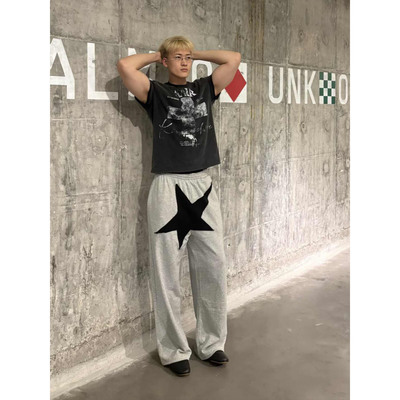 小众设计感五角星贴布阔腿裤男女复古做旧垂坠感宽松休闲运动长裤