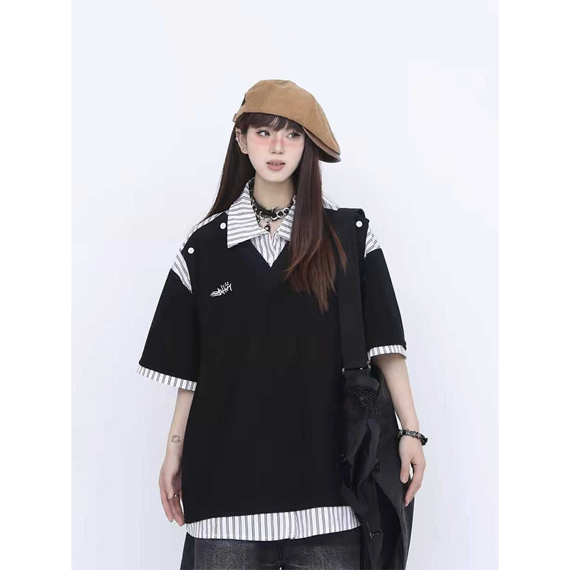 夏季假两件条纹拼接POLO衫女图片