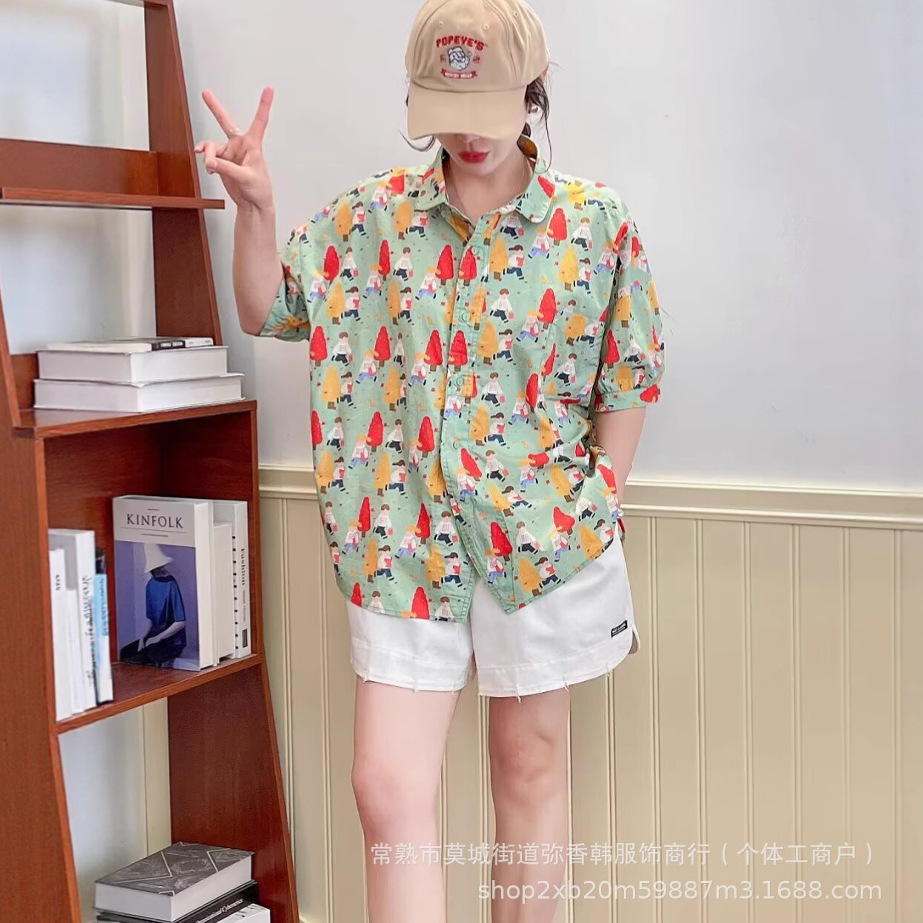 日系涂鸦印花短袖衬衫女夏设计感小个子棉上衣