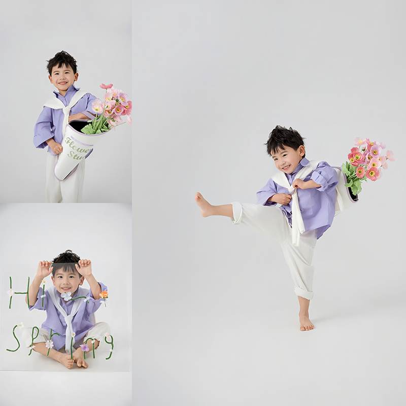儿童摄影服装紫色春天男孩写真艺术照服装影楼手捧花拍照主题道具