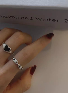 复古简约冷淡风黑色爱心食指戒指