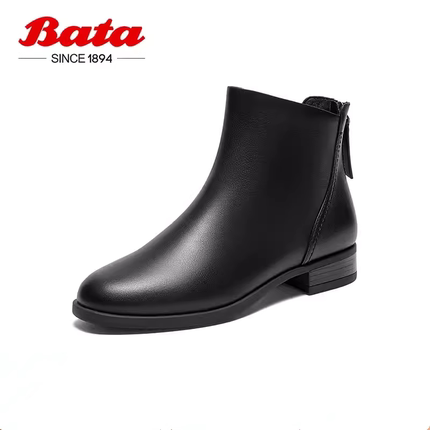 bata切尔西靴女冬季新款英伦风牛皮软底粗跟短筒时装靴AWG88DD3