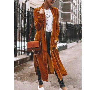 衫 欧美春秋新品 风衣开 宽松金丝绒弹力中长版 外套百搭女 时尚