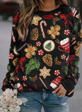 New Christmas print Crew Neck Long Sleeve Sweater 卫衣女