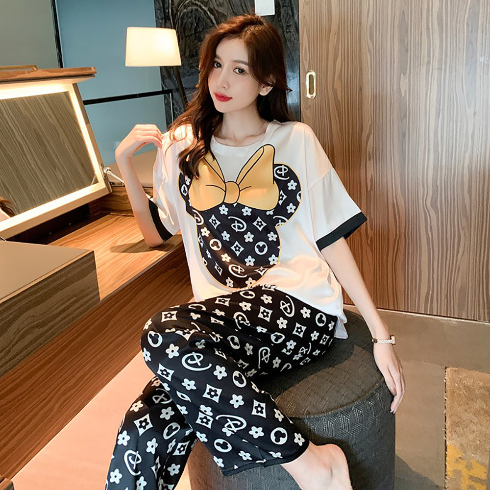 米奇印花冰丝睡衣女桑蚕丝春夏季三件套短袖套头家居服可外穿套装